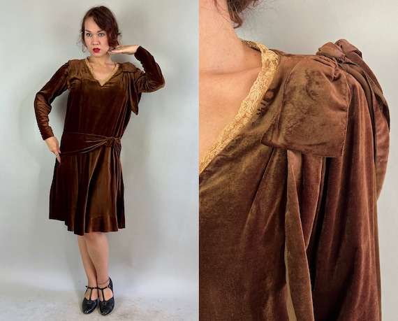 1920s Bronze Beauty Dress | Vintage Antique 20s Brown Silk Velvet Frock with Dropped Waist Sash Shoulder Bow and Ecru Lace Trim | Medium