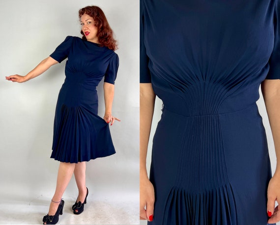 1930s Swing Time Dress | Vintage 30s Navy Blue Rayon Crepe Frock with Puff Sleeves Keyhole and Fanned Out Radiating Deco Pleats | Small