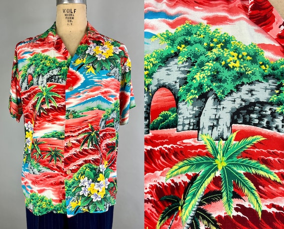 1950s Lava Lake Shirt | Vintage 50s Hawaiian Short Sleeve Button Up w/ Red Waves Green Palm Trees Blue Sky & Bright Yellow Flowers | Large