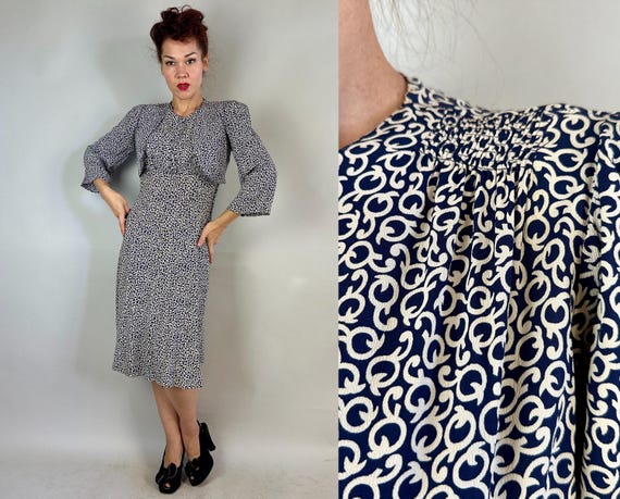 1930s Girl in Swirls Dress Set | Vintage 30s Navy Blue and White Curly Q's Print Rayon Crepe Bolero Jacket & Puff Sleeve Frock | Medium