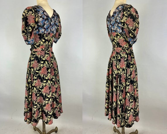 1940s Dark Gardens Dress | Vintage 40s Black Pink… - image 5