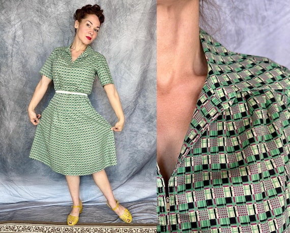 1940s Check out These Checks Dress | Vintage 40s Green Black Ivory & Fuchsia Squares Print Cotton Zip Front Frock | Large