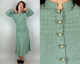 1950s Sea of Dreams Knit Dress | Vintage 50s Seafoam Green Bouclé Wool Pearl Button Frock with Garter Stripes | Medium Large Extra Large XL