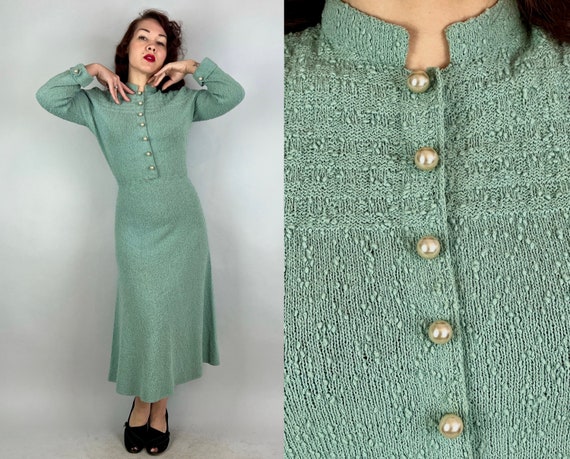 1950s Sea of Dreams Knit Dress | Vintage 50s Seafoam Green Bouclé Wool Pearl Button Frock with Garter Stripes | Medium Large Extra Large XL