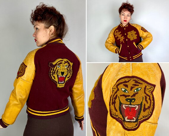 1970s Eye of the Tiger Letterman Jacket | Vintage 70s Maroon Red & Yellow Wool and Leather School Sports Coat Patches + Knit | Medium/Large