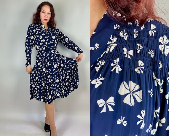 1940s Bountiful Bows Dress | Vintage 40s Blue and White Rayon Long Sleeve Frock with Smocking Pintucks and Cute Bow Print | Extra Large XL