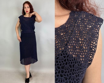 1940s Summer Breeze Crochet Dress Set | Vintage 40s Navy Blue Cotton Open Shell Stitch Blouse and Skirt Ensemble | Small Medium Large