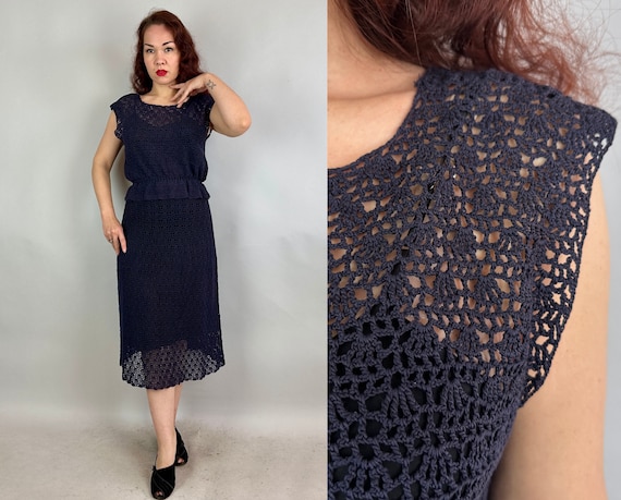 1940s Summer Breeze Crochet Dress Set | Vintage 40s Navy Blue Cotton Open Shell Stitch Blouse and Skirt Ensemble | Small Medium Large