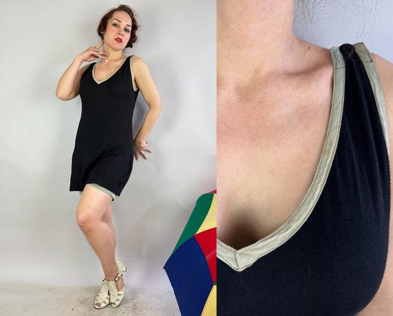 1920s Silent Star Swimsuit | Antique Vintage 20s Black Cotton Jersey with Mint Trim One Piece Bathing Suit Swimwear | Large Extra Large XL