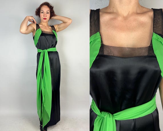 1920s Wicked Wonders Gown | Vintage 20s Black Silk Satin Dress with Witchy Green Chiffon Accents and Scarf & Net Trim | Small Medium