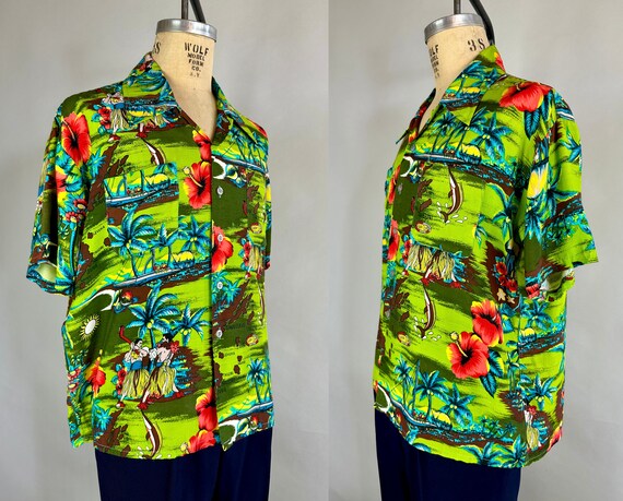 1950s Hawaiian Holiday Shirt | Vintage 50s Green Blue Brown and Coral Rayon Tiki Button Up Top with Tropical Scenes | Extra Large XL View 5