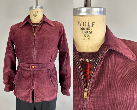 1940s Cool and Casual in Corduroy Jacket | Vintage 40s "Hercules" Bordeaux Red Belted Zip Up Lightweight Coat with Slant Pockets | Medium