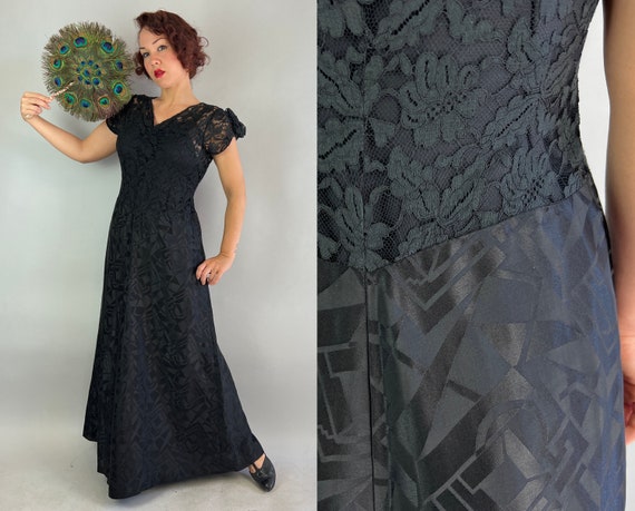 1930s Vital Vamp Dress | Vintage 30s Black Lace and Deco Print Satin Weave Rayon Evening Gown with Ruched Bust and Sleeves | Small Medium
