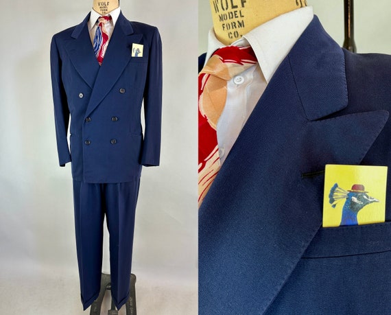 1940s Blue Moon Suit | Vintage 40s Royal Blue Wool Gabardine Peak Lapel Double Breasted Jacket & Hollywood Waist Pants | Size 40 Medium