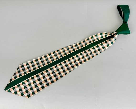 1940s Cubist Carl Necktie | Vintage 40s Green Pink Grey and White Geometric Cubes, Squares and Stripes Silk Cravat Self Tie