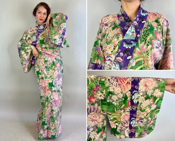 1950s Summer Festival Yukata | Vintage 50s Floral of Many Varieties Cotton Kimono Japanese Robe in Green Purple Gold Pink and Blue