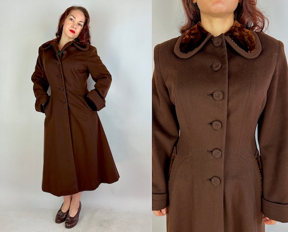 1940s Prized Princess Coat | Vintage 40s Coffee Brown Wool Full Skirt Overcoat w/Mahogany Velvet Accents on Collar & Pockets | Small