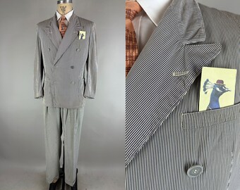 1940s Summer Splendor Suit | Vintage 40s Striped Seersucker Two-Piece Double-Breasted Peak Lapel Jacket & Pants Set | Size 38/40 Medium