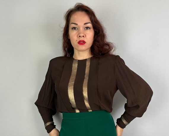 1940s Evelyn's Evening Out Blouse | Vintage 40s Brown Rayon Crepe Shirt Top with Vertical Pleats and Stripes of Gold Lamé | Medium Large