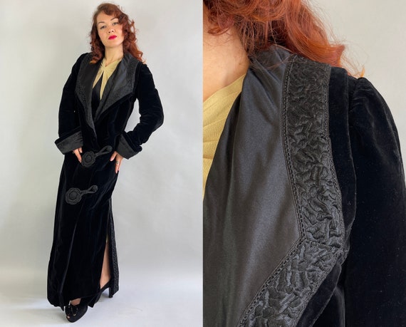 1910s Nouveau Noir Coat | Vintage Teens Black Velvet and Silk Overcoat with Braided Cord Frog Clasps Embroidery and Pointed Shawl Lapel