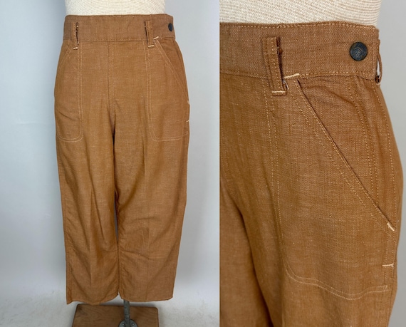 1950s Carousing in "Crown" Pants | Vintage 50s Deadstock Latte Brown Cotton Denim High Waist Side Zip Dungarees Jeans | Extra Small XS