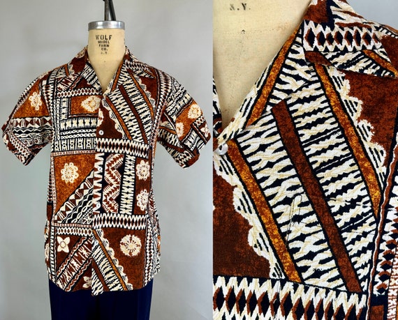 1960s Crazy for Coconuts Hawaiian Shirt | Vintage 60s Browns and White Tribal Design Tiki Barkcloth Short Sleeve Button Up Top | Medium