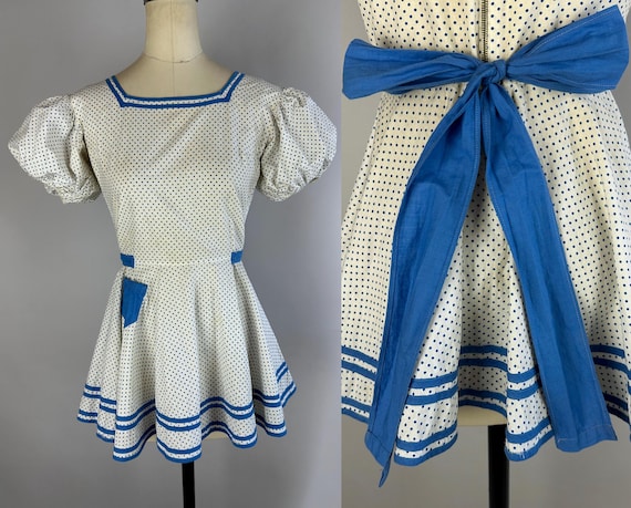 1930s Patty's Playful Playsuit | 30s Azure Blue and White Polka Dot Cotton Puff Sleeve Circle Skirt Romper with Waist Ties | Small Medium