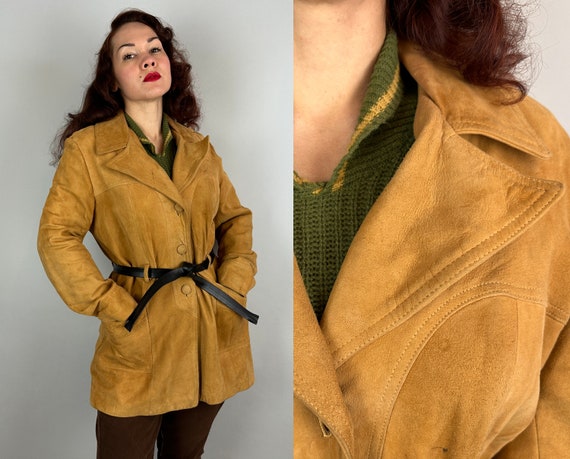 1970s Groovy Glinda Jacket | Vintage 70s Goldenrod Suede Cropped Trench Coat with Black Belt and Self Fabric Buttons | Large Extra Large XL