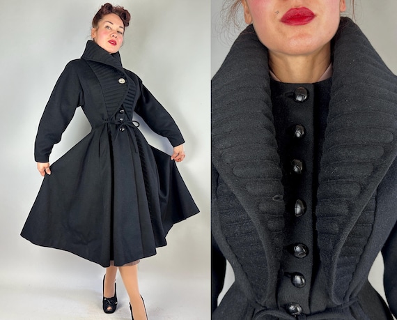 1950s Draped In Drama "Lilli Ann" Coat | Vintage 50s Black Wool Mohair Trapunto Quilted Princess Overcoat with Convertible Collar | Small