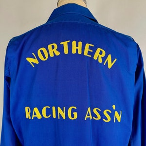 1940s Speed Racer Shirt | Vintage 40s Cobalt Blue Cotton Workwear Button Up with Car Club Yellow Chainstitch Embroidery and Pockets | Small