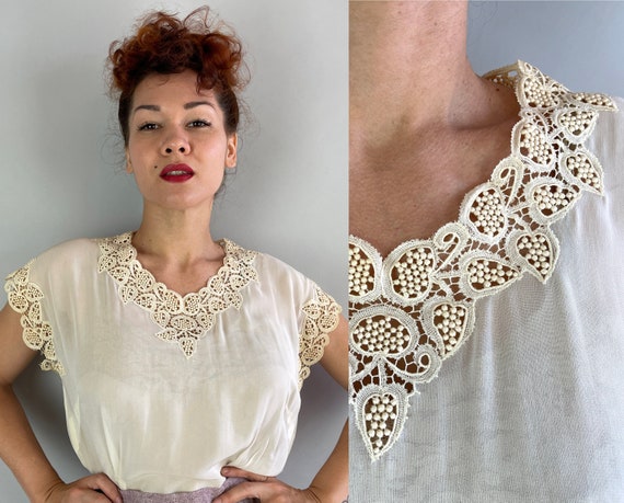 1940s Grape Granduer Blouse | Vintage 40s White Sheer Rayon Chiffon Shirt Top with Bauble Lace Leaf Vine Trim and Pearl Buttons | Large