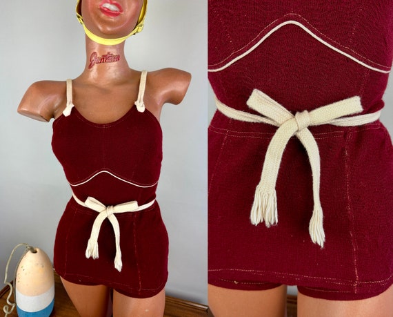 1930s Driven to Dive Swimsuit | Vintage 30s Maroon Wool One Piece Skirted Bathing Suit w/White Braided Cord Straps | Small Extra Small XS