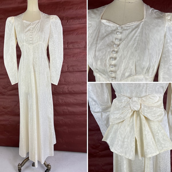 1930s Blushing Bride Gown | Vintage 30s White Moire Rayon Taffeta Wedding Bridal Dress with Puffed Mutton Sleeves and Big Bow | Small