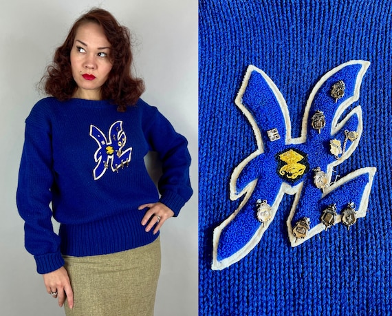 1940s Over-Achiever Pullover | Vintage 40s Blue Thick Wool Knit Letterman Varsity Sweater with "H" Patch & Class Charms | Medium Large XL