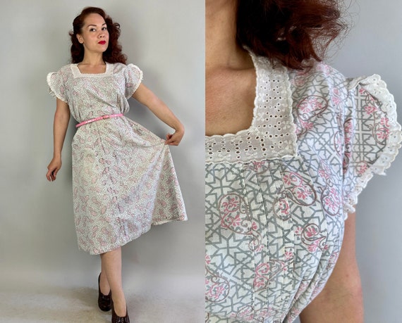 1930s Summer Loving Frock | Vintage 30s White Grey and Pink Geometric Paisley Cotton Day Dress with Eyelet Lace Trim | Extra Large XL