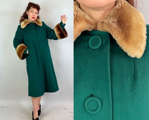 1940s Winter in Oz Coat | Vintage 40s Emerald Green Wool Swing Overcoat with Ombré Mouton Double Cuffs and Pointed Collar | Medium