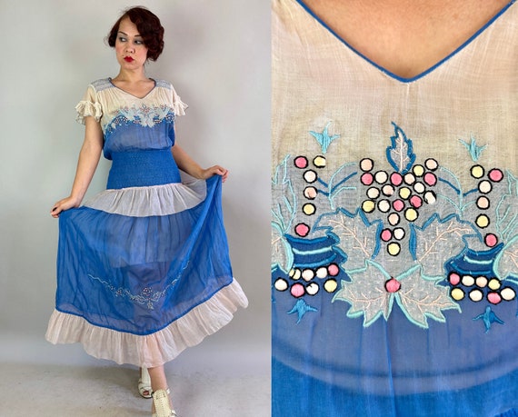 1930s Pleasantly Pastoral Frock | Vintage 30s Blue & White Cotton Voile Sheer Flutter Sleeve Peasant Dress with Embroidery | Small Medium