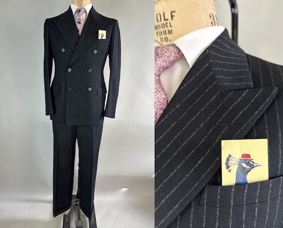 1930s Gorgeous Gangster Suit | Vintage 30s Two Piece Classic Black with White Pinstripes Wool Jacket and Trousers Set | Size 38 Medium