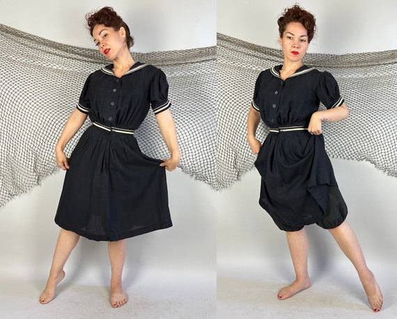 1800s Coney Island Baby Swimsuit Ensemble | Vintage Antique Victorian Black and White Wool and Cotton Two-Piece Set w/Romper & Skirt | Small