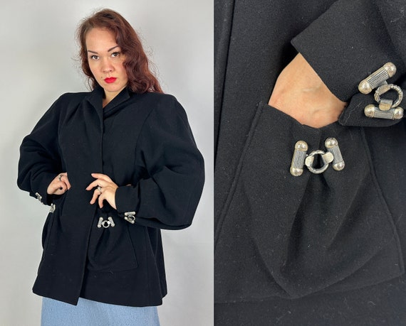 1940s Heavy Metal Swing Coat | Vintage 40s Black Wool Short Open Jacket with Balloon AND Bell Sleeves w/Silver Clasps | Small Medium Large