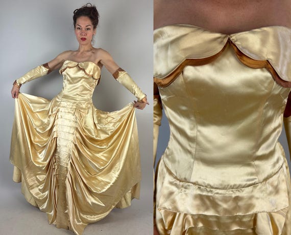 1940s Emerging Venus Gown | Vintage 40s Champagne Yellow Liquid Satin Floor Length Ballgown w/Copper Scallops & Matching Gauntlets | Medium