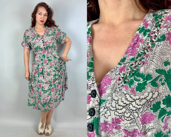 1940s Japanese Garden Frock | Vintage 40s White Pink and Green Semi-Sheer Rayon Shirtwaist Floral Dress with Pockets & Soutache | Medium