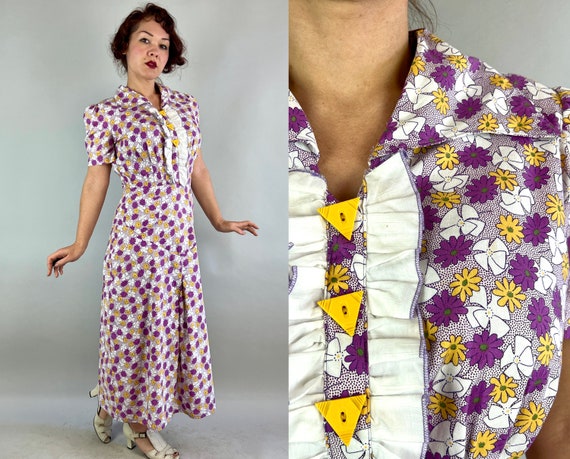 1930s Patty's Picnic Repro Dress | Vintage Pattern 30s Style Purple Yellow White Floral Cotton Frock w/ Puff Sleeves | Large/Extra Large XL