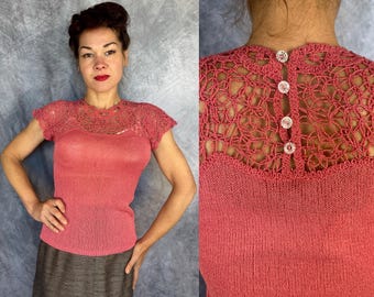 1950s Winsome Watermelon Knit Top | Vintage 50s Pink Rayon Pullover Shirt with Lacey Openwork Yoke & Faceted Buttons | XS Small Medium Large