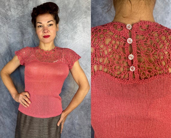 1950s Winsome Watermelon Knit Top | Vintage 50s Pink Rayon Pullover Shirt with Lacey Openwork Yoke & Faceted Buttons | XS Small Medium Large