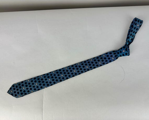 1950s Man of Steel Necktie | Vintage 50s Blue Black and Silver Abstract Brocade Silk Self Tie Cravat