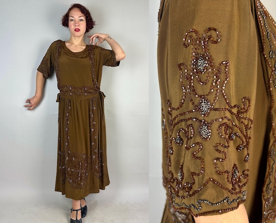 1920s Tantalizing Tabard Dress Ensemble | Vintage 20s Caramel & Gunmetal Seed Beaded Brown Silk Frock w/ Tie-On Top Cover | Extra Large XL