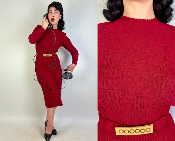 1940s Revel in Raspberry Knit Dress Set | Vintage 40s Red Boucle Wool Knit Sweater Top Skirt and Belt w/Cork & Brass Details | Small Medium