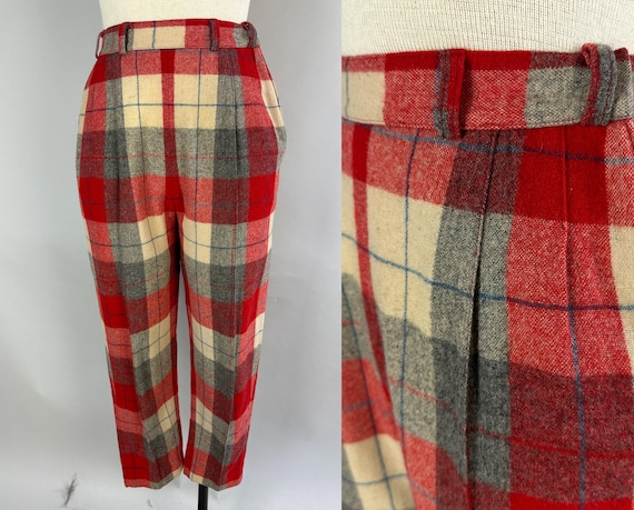 1940s Plucky Plaid Pants | Vintage 40s Red Grey White and Blue Tartan Check Wool Side Zip High Waist Slacks Trousers | Extra Small XS