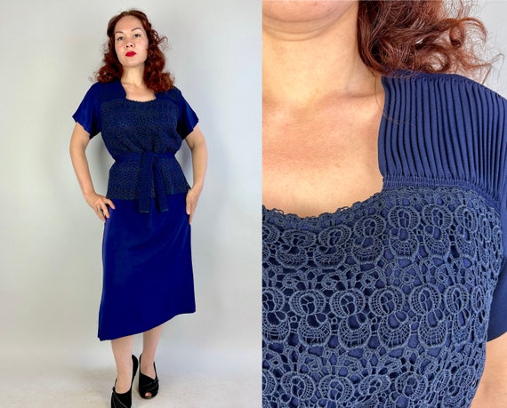 1940s Lacey Lucille Dress | Vintage 40s Navy Blue Rayon Day to Night Frock with Lace Overlay Pleats and Half Peplum | Extra Large XL